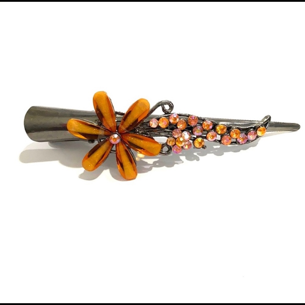 Updo Hair Clip Orange Flower Rhinestones 5”